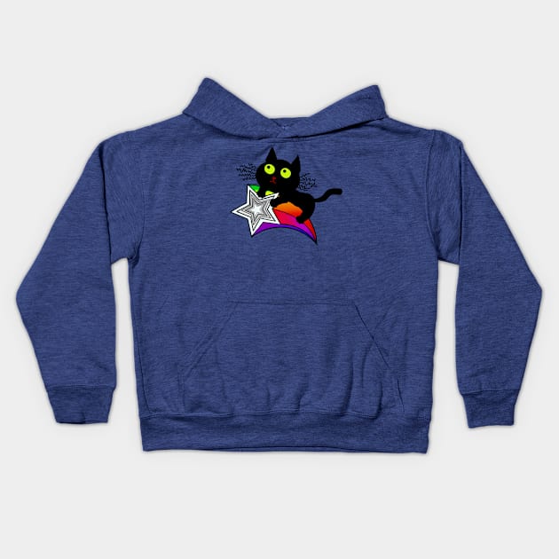 Lucky Black Cat riding a Shooting Star Kids Hoodie by kestrelle